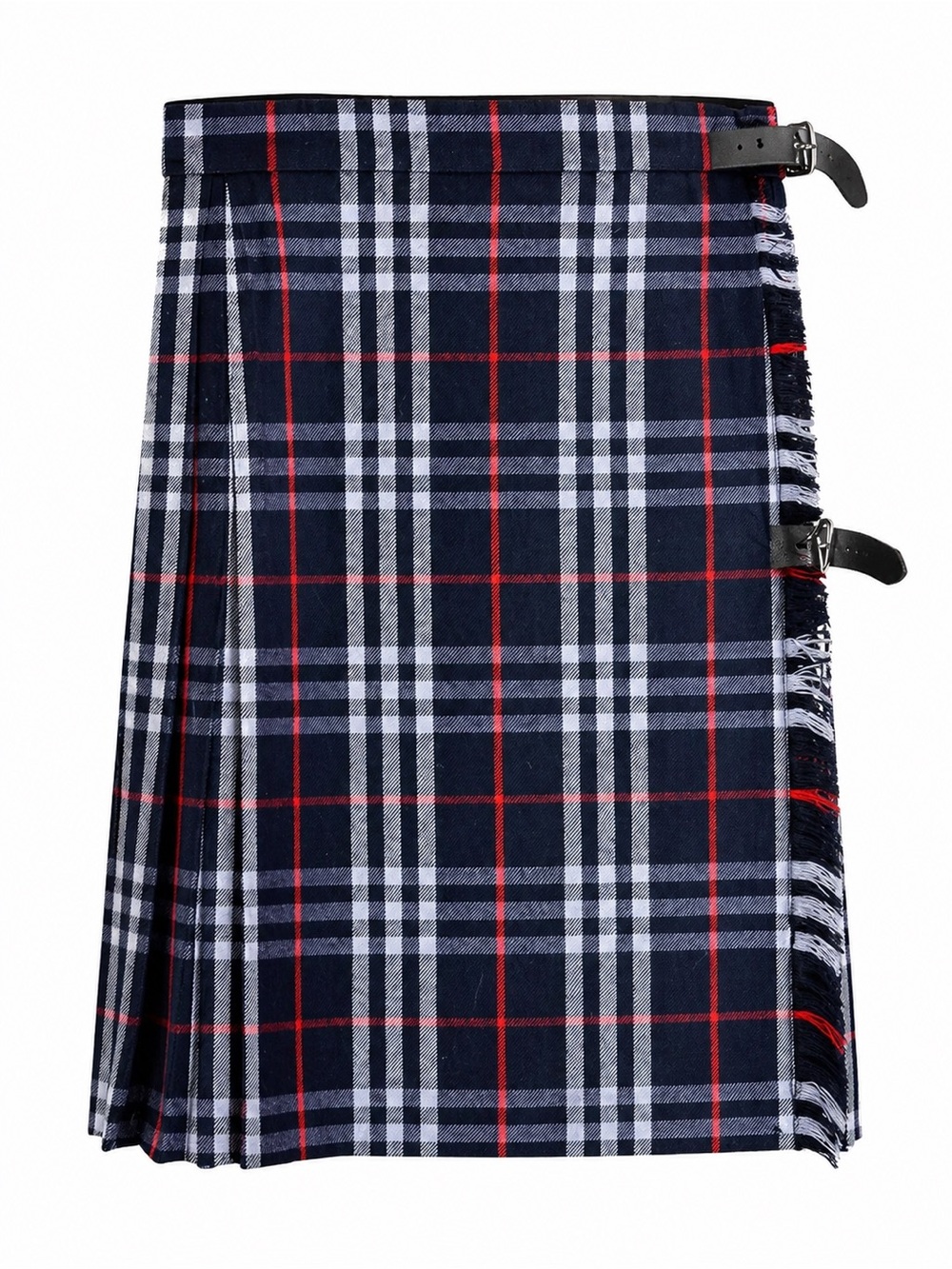 Burberry Navy, White & Red Plaid Wrap Skirt with Buckle Detail
